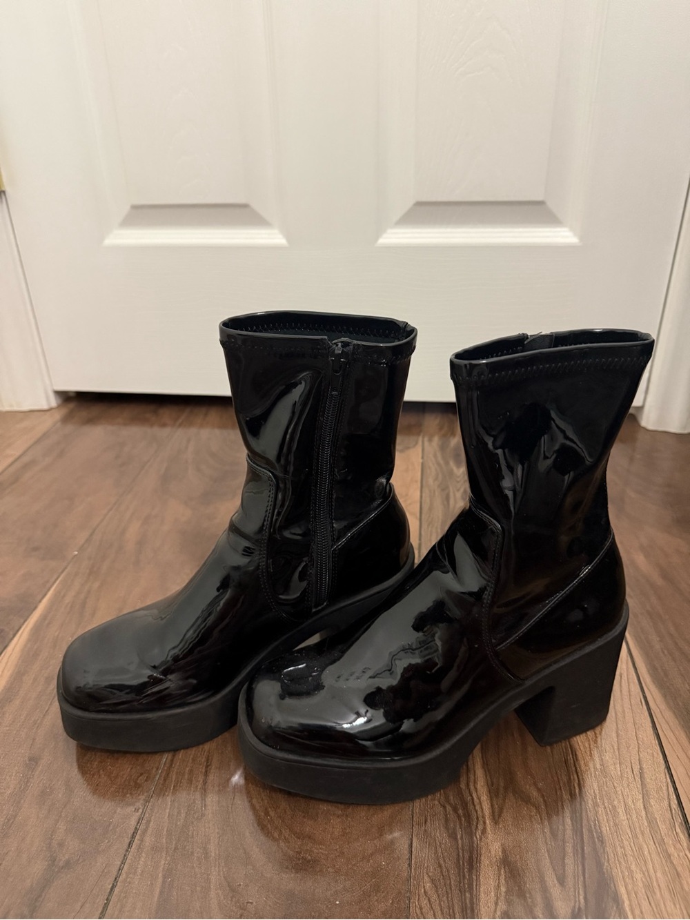Aldo Black Patent Platform Ankle Boots with Block Heel